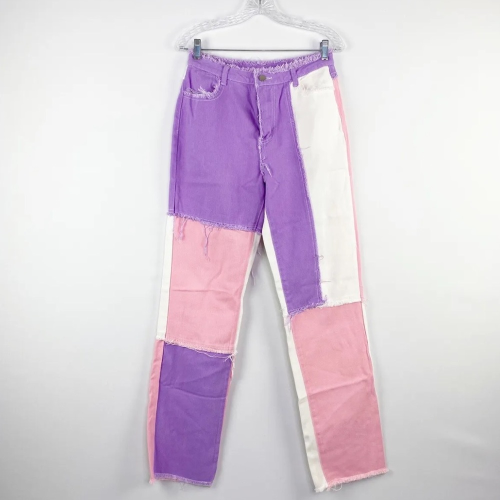 Pink, purple, & white patchwork jeans